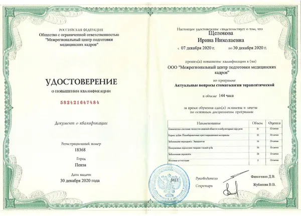 Сертификат — Щелокова Ирина Николаевна